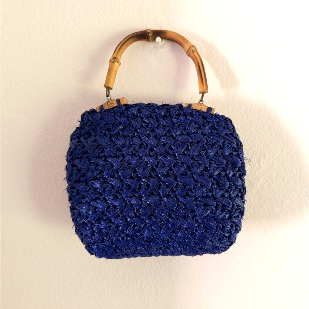 Vintage 1950s Micro Mini Cobalt Blue Woven Raffia Purse Miniature Bamboo Handle - Picture 6 of 6